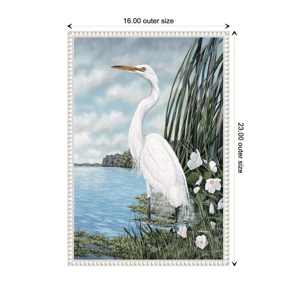 Great White Egret Coastal Scene Beaded Framed Canvas Art