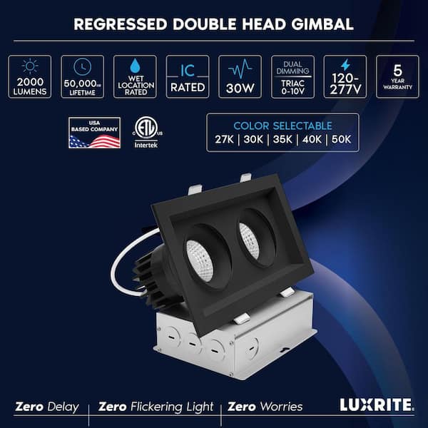 2-Head Integrated LED Rectangular Black Regressed Gimbal Recessed Light, 360°+15° Swivel 5CCT 30W 2000LM Dimmable 2 Pack