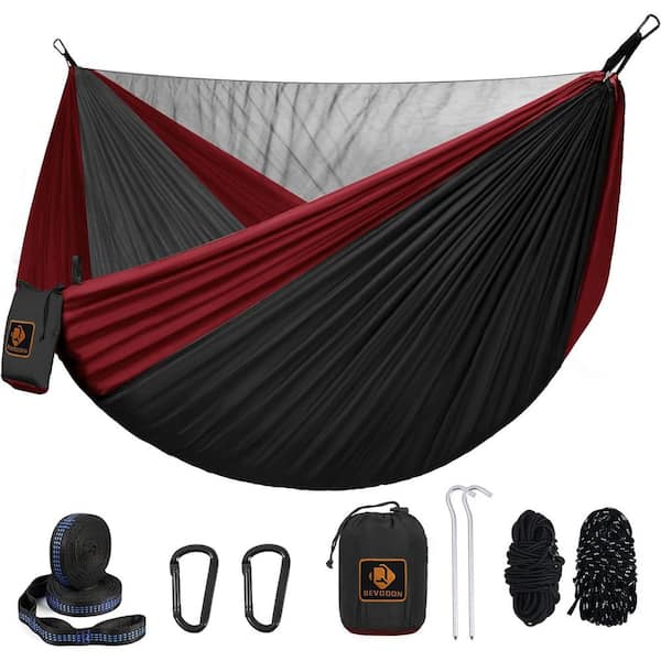 Unbranded 9.5 ft. Camping Portable Lightweight Nylon Parachute Hammocks with Mosquito Net and 10 ft. Tree Straps in Black/Red
