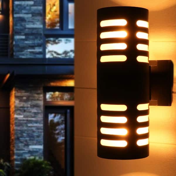 11.75 in. 2-Light Black Die-Cast Aluminum Cylinder Outdoor Wall Sconce