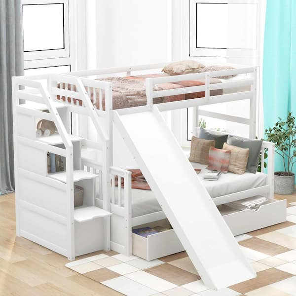 White Twin Over Full Bunk Bed with Drawers, Storage and Slide, Multifunction