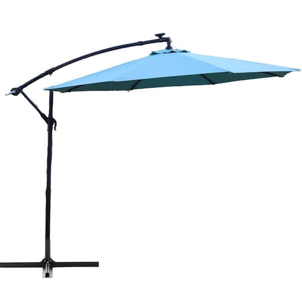 Otryad 9.67 ft. Steel Market Outdoor Patio Umbrella with 40 lights, Solar LED Offset Hanging Umbrella (No Base) in Light Green