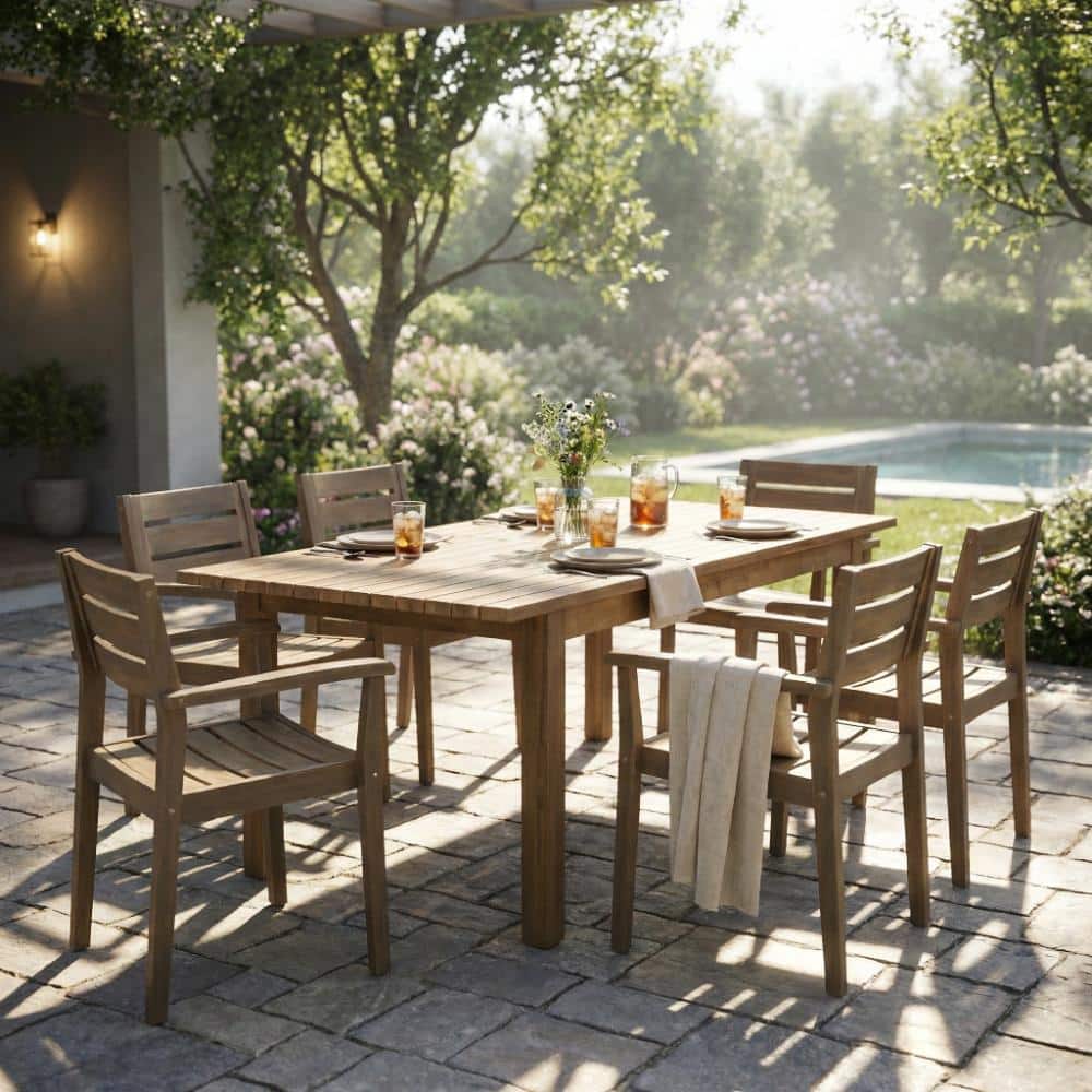 7-Piece Acacia Wood Outdoor Dining Set, 6 Chairs & 1 Table, All-Weather, Gray price history on PriceWatchPro