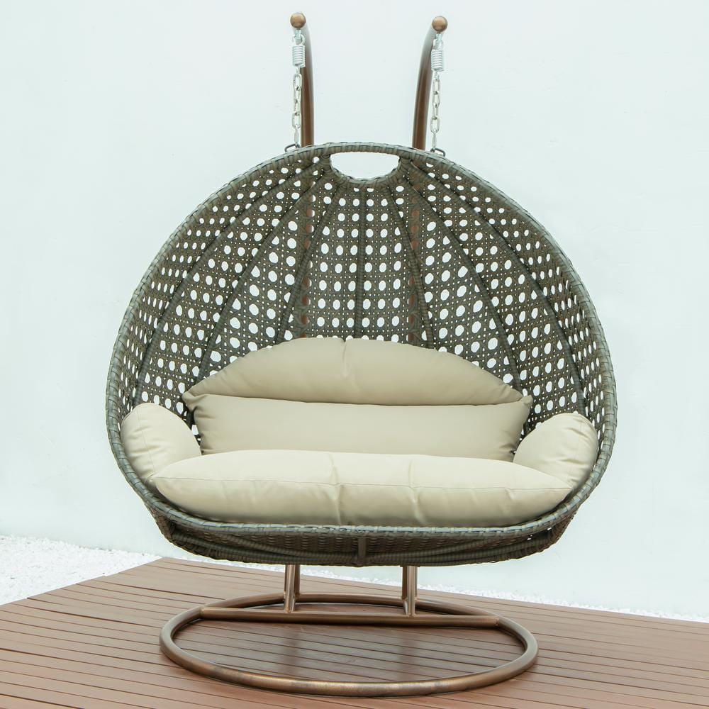 Taupe Wicker Hanging Egg Chair with Beige Cushions
