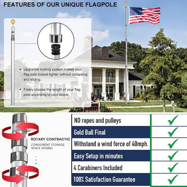 20 ft. Aluminum Telescoping Flagpole Kit Extra Thick Flagpole with 1 Flag 1 Golden Top Finial