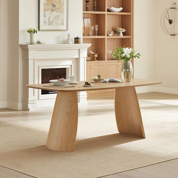 Vincent Oak 71 in. Trestle Base Dining Table Seat 4-6 w/Self-Leveling Feet Premium Walnut Veneer Rounded Corners