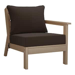 Birchwood Outdoor Patio Deep Seating Right Facing Arm HDPE Lounge Chair in Weathered Wood with Brown Cushions