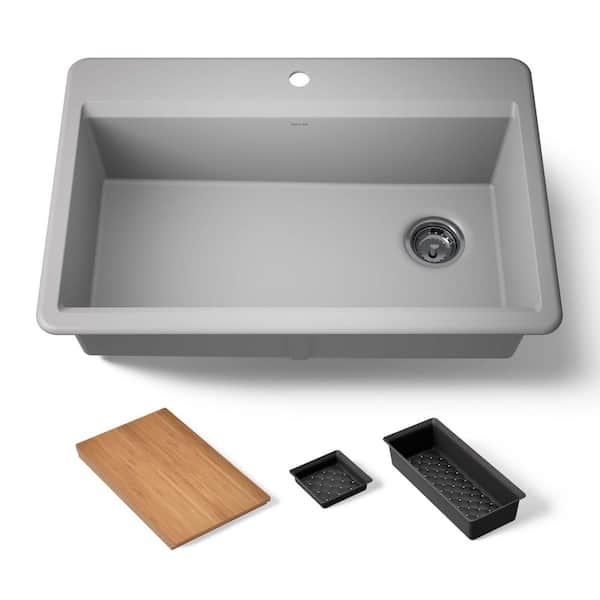 KOHLER Lassen 33 in. Drop-in Single Bowl Granite Composite Kitchen Workstation Sink in Matte Grey with Accessories