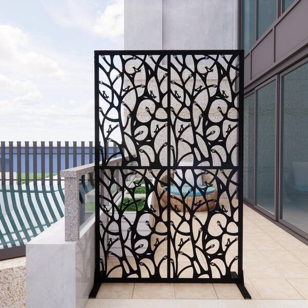 3.8 ft. x 6 ft. Free Standing Decorative Privacy Fence Screen Bird Black Metal for Balcony Patio Garden Room Divider