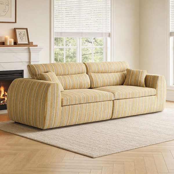 Lucian 111.02 in. Round Arm Striped Boucle Fabric Rectangle Compressed Sofa in Yellow+Black with Throw Pillows