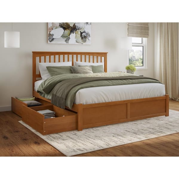AFI Mission Light Toffee Natural Bronze Solid Wood Frame King Platform Bed with Footboard and Storage Drawers