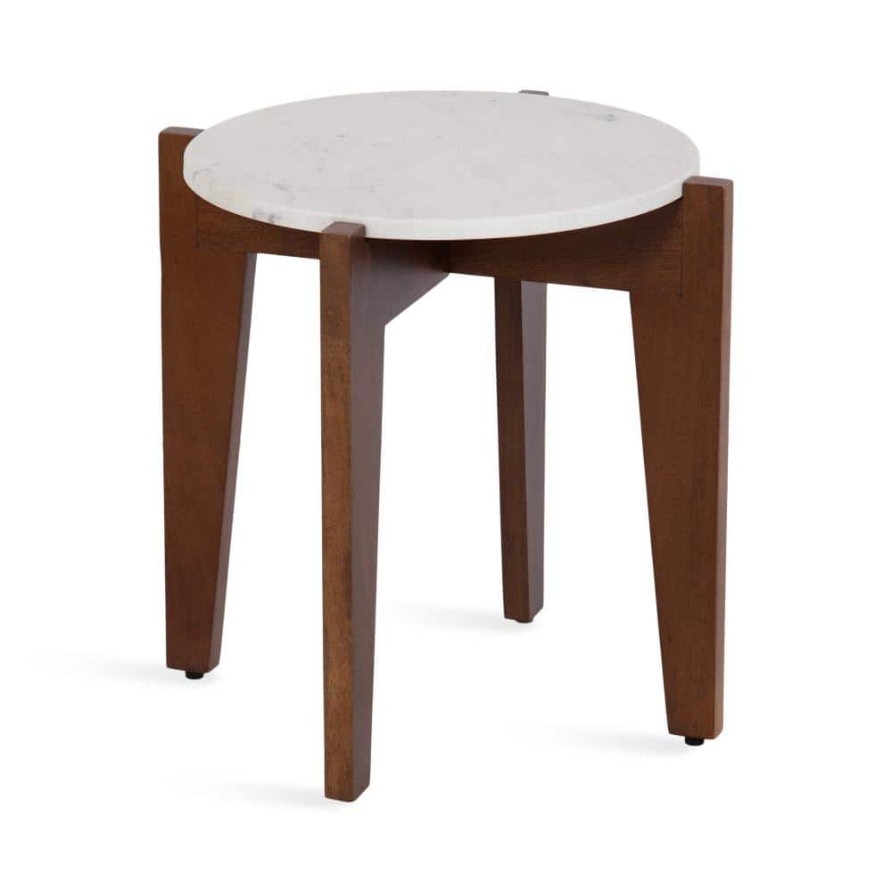 Walnut Brown Round Marble Side Table with Solid Wood Base