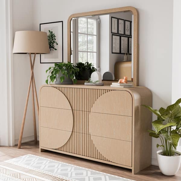 Furniture of America Fairstone Natural Oversized 6 Drawer 61 in. Wide Boho Dresser With Mirror and Soft Closing Drawers