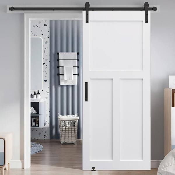 WRIGHTMASTER 32 in. x 84 in. White Finished "T" Style MDF Sliding Barn Door with Hardware Kit