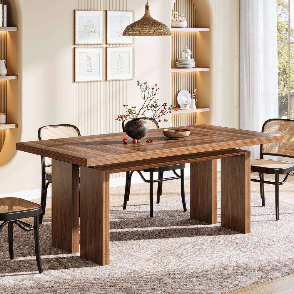 Roesler Brown Wood 63 in. Pedestal Modern Dining Table Rectangular Kitchen Table Seats 6 with Thick Legs for Dining Room