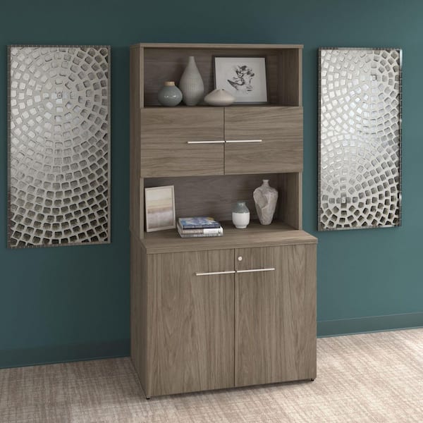 Unbranded Office 500 Modern Hickory 70 in. Accent Storage Cabinet with Doors and Shelves
