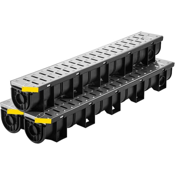 Trench Drain System, Channel Drain with Metal Grate, 5.9 x 5.1 In. HDPE Drainage Trench, Black Plastic Garage Drain