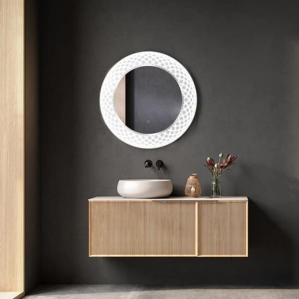 Dreamwerks Liza 32 in. W x 32 in. H Round Frameless LED Lighted Wall Mount Bathroom Vanity Mirror with Dimmer and Defogger