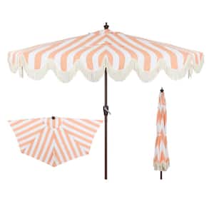 Beverly 9 ft. Designer Scalloped Fringe Half Market Patio Umbrella with Crank and Push Button Tilt in Coral Pink/White