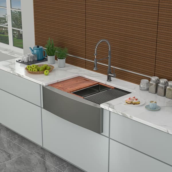 Unbranded 33 in. Farmshouse Single Bowl 16 Gauge Gunmetal Black Stainless Steel Kitchen Sink with Bottom Grid