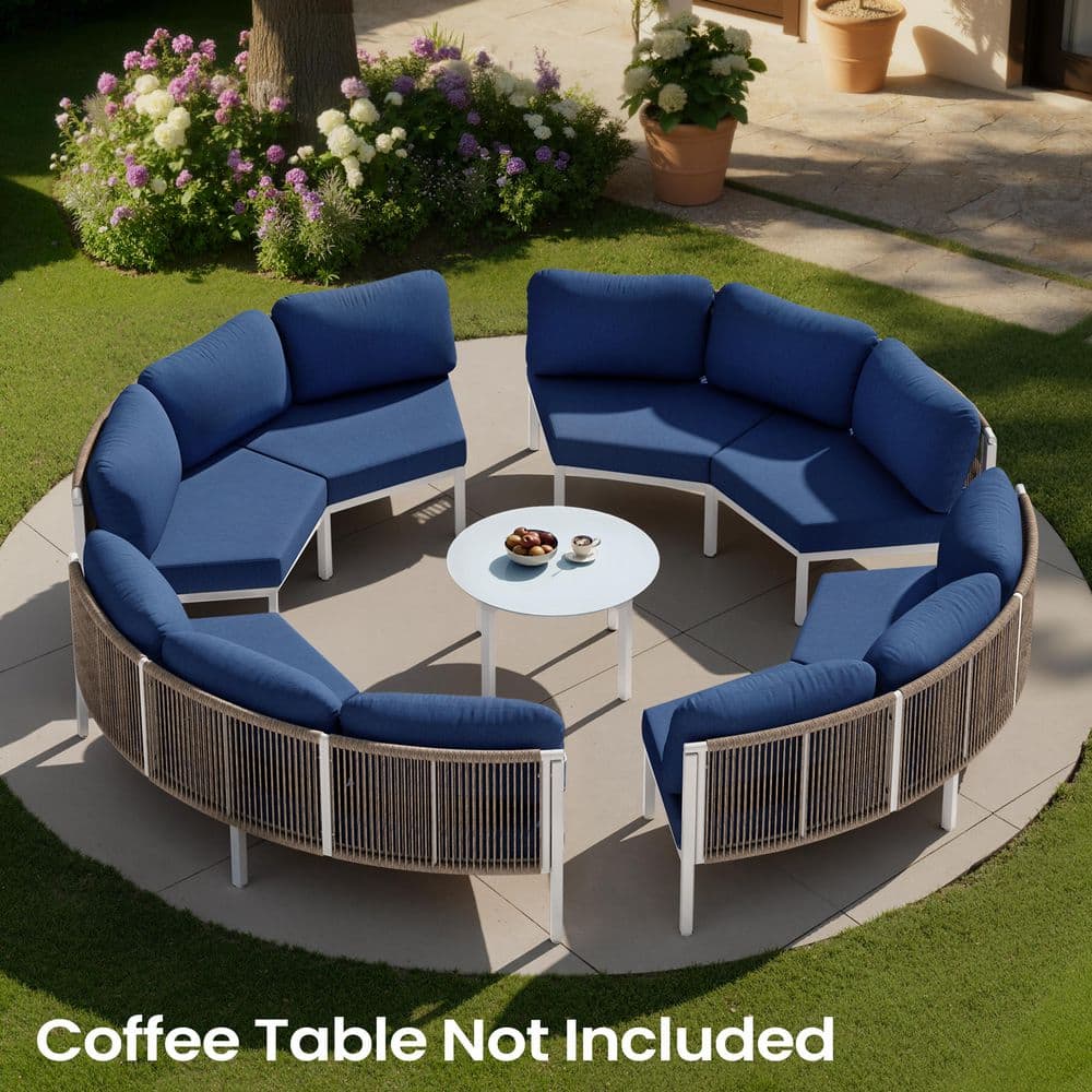 Rust-Resistant 4-Piece 8 Seats Aluminum Outdoor Sectional Patio PE Wicker Curved Sofa with Navy Blue Cushions