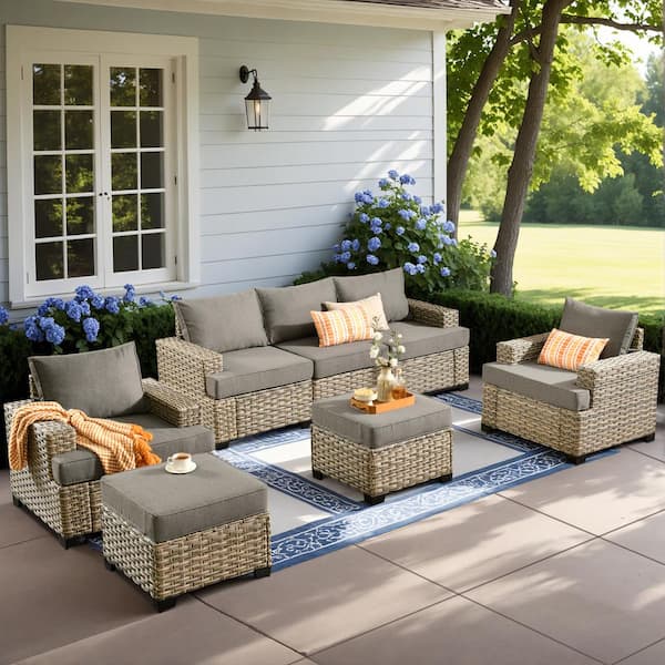 Merritt 7-Piece Wicker Modern Outdoor Patio Conversation Sofa Seating Furniture Set with Dark Grey Cushions
