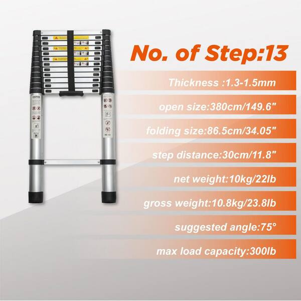 Angel Sar - 12.5 ft. Aluminum Alloy Extension Ladder, Portable Multi-Purpose Telescoping Ladder with 300 lb. Load Capacity