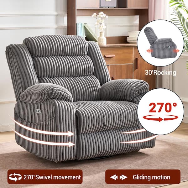 270° Swivel Corduroy Recliner Rocking Chair with Massage and Heating-Grey