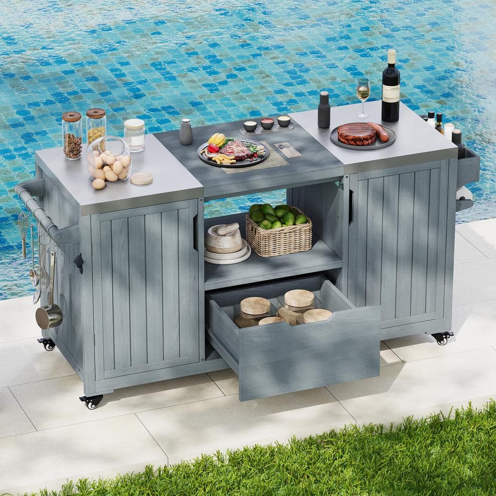 Grey Blue Stainless Steel Large 66.5 in. W Outdoor Kitchen Island Grill Car
