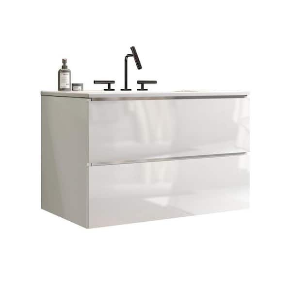 30 in. Single Sink Floating White Bath Vanity with White Ceramic Top (Assembled), DTC Soft-closing Drawers