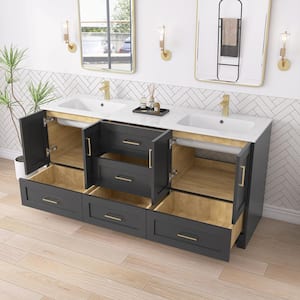 72 in. Double Sink Bath Vanity in Charcoal Gray with Luxury Solid Surface White Top and Basin Freestanding Assembled