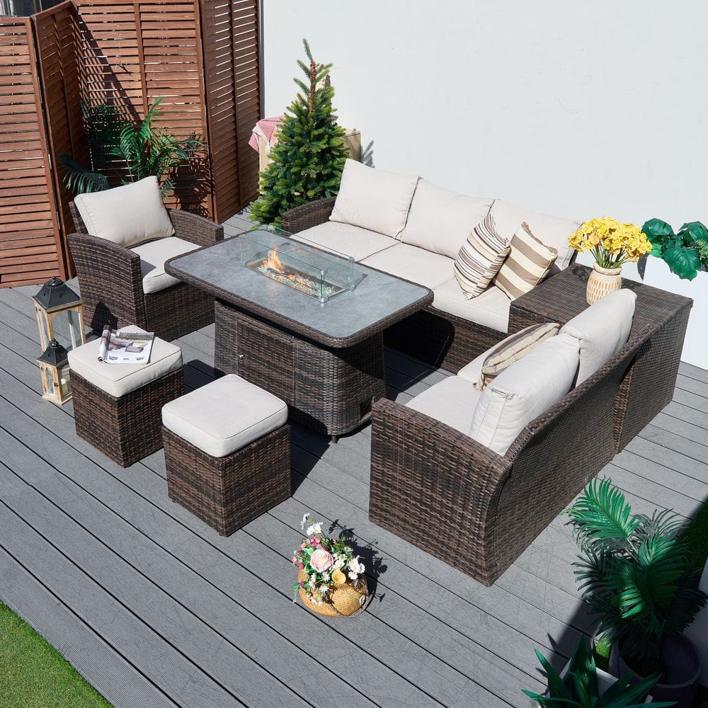 Soili 8-Person Patio Outdoor Wicker Fire Pit Conversation Set with Beige Cushions-Brown price history on PriceWatchPro