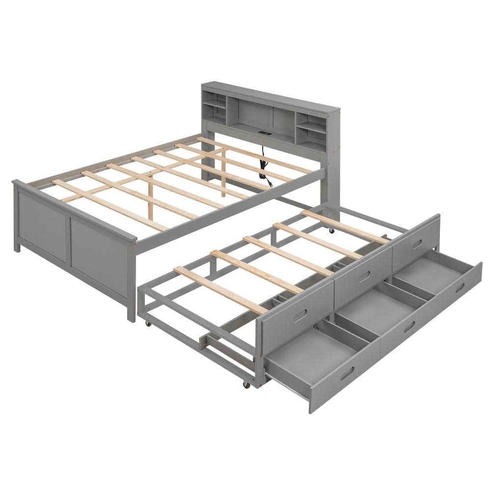 Gray Wood Frame Full Platform Bed with Storage Headboard, USB, Twin Trundle and 3 Drawers durable construction price history on PriceWatchPro