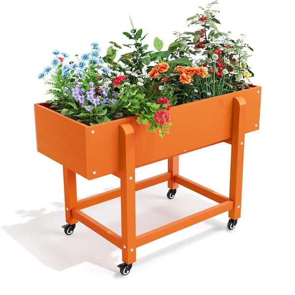 LUE BONA 39 in. x 16.7 in. x 28 in. Orange Plastic Mobile Elevated Garden Beds with Lockable Wheels, Liner