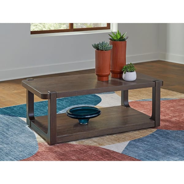 Breckington 50.13 in. Dark Brown Rectangle MDF Coffee Table with Shelves and Wheels