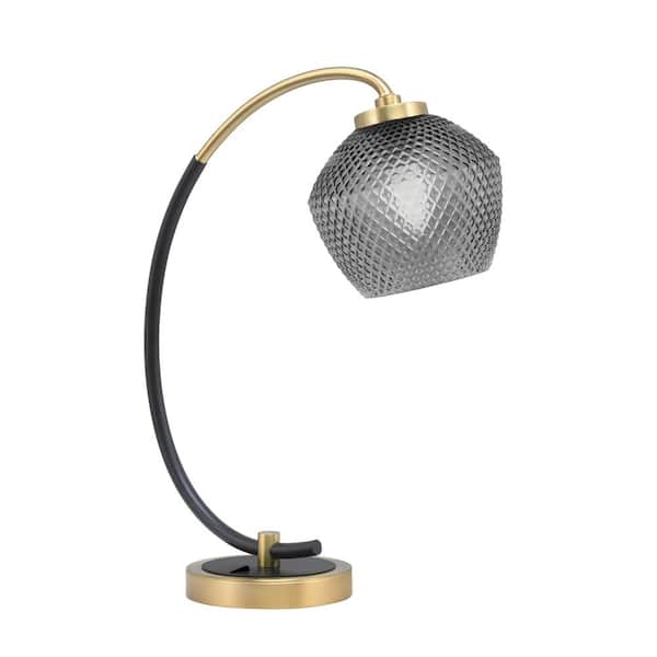 Unbranded Delgado 18.25 in. Matte Black and New Age Brass Accent Desk Lamp with Smoke Textured Glass Shade