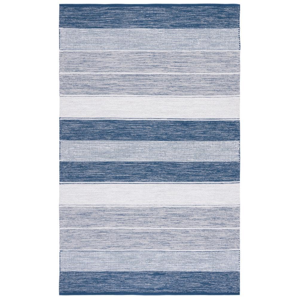 Grey and Blue Wool Cotton Striped 5' x 8' Area Rug