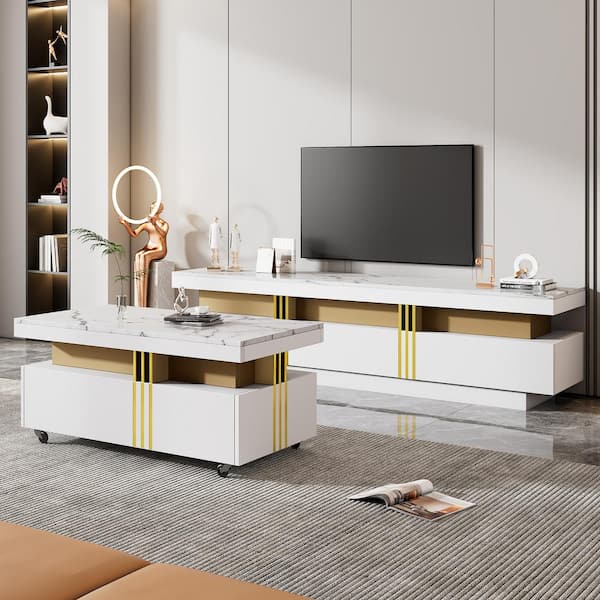 Polibi Modern White/Gold TV Stand Fits TV's up to 78 in. with Caster Wheels