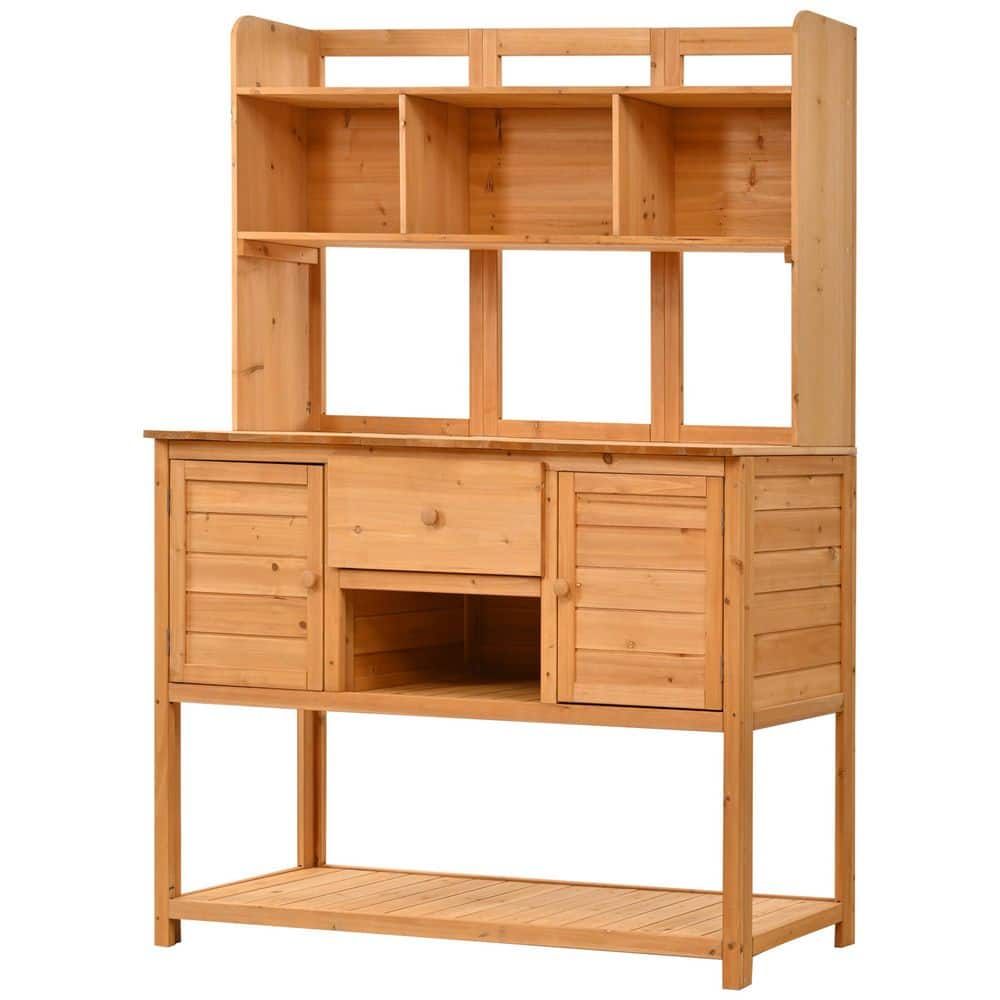 50.2 in. W x 66.1 in. H Natural Fir Wood Potting Bench with Hutch, Drawer a