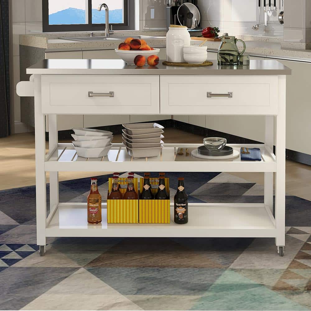 White Stainless Steel Top 47.25 in. Kitchen Island Kitchen Cart with 2-Draw