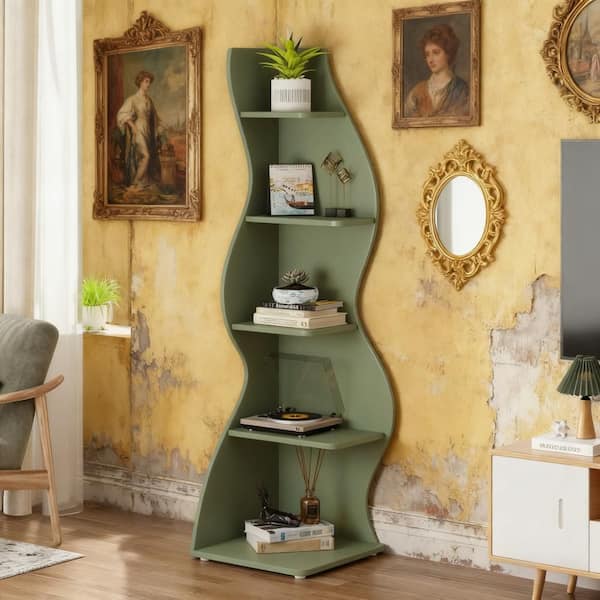 Seafuloy 70 in. Tall Green Engineered Wood Accent Bookcase, Corner