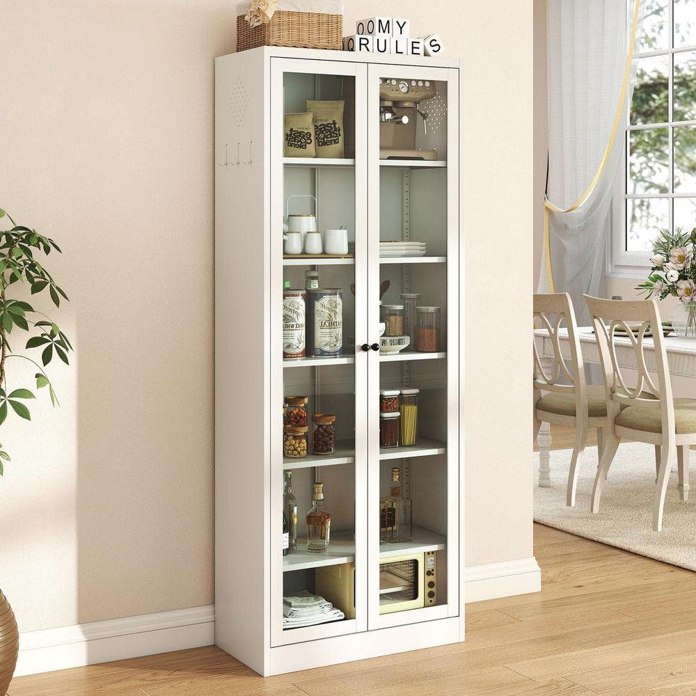 Otryad 6-Tier White Metal Glass Door Storage Cabinet, Kitchen