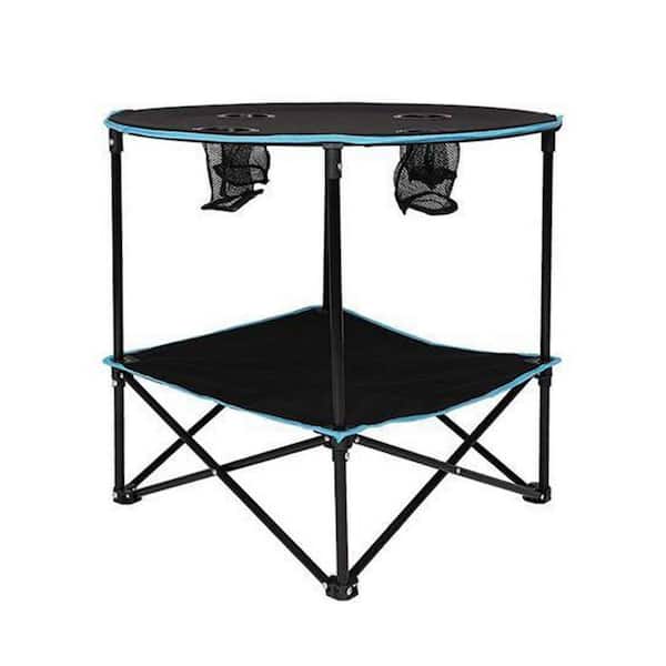 Amucolo 28 in. Black Folding Table Travel Camping Picnic Collapsible Round Table with 4 Cup Holders and Carry Bag