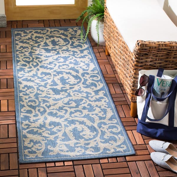 Courtyard Blue/Natural 2 ft. x 12 ft. Border Indoor/Outdoor Patio  Runner Rug