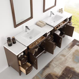 Cambridge 96 in. Vanity in Antique Coffee with Porcelain Vanity Top in White with White Ceramic Basins and Mirror