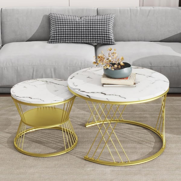 Zeus & Ruta Set of 2, 27.5 in. and 17.7 in. Diameter Nesting White Round Coffee Table with Marble Grain Table Top for Living Room