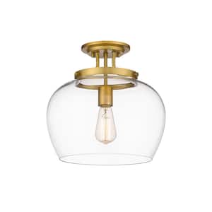 Joliet 13 in. 1-Light Olde Brass Semi Flush Mount Light with Glass Shade
