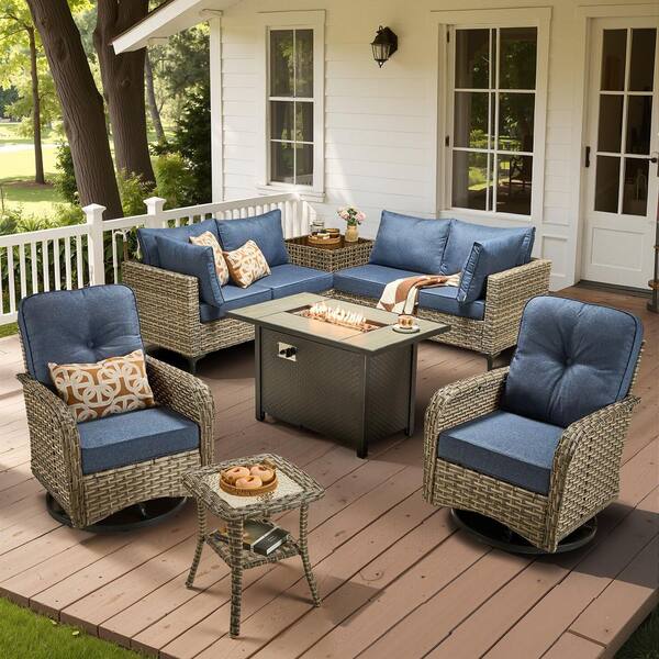 Savona 9-Piece Wicker Outdoor Patio Conversation Sofa Sectional Seating Set with Metal Fire Pit and Denim Blue Cushions