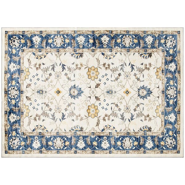 Non-Slip Boho Floor Cover Foldable Carpet 4 x 6 ft. Blue Floral Washable Area Rug Runner Rug