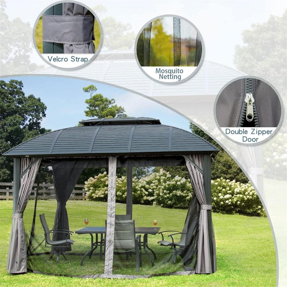 10' x 12' Black Aluminum Patio Gazebo with Curtains and Netting